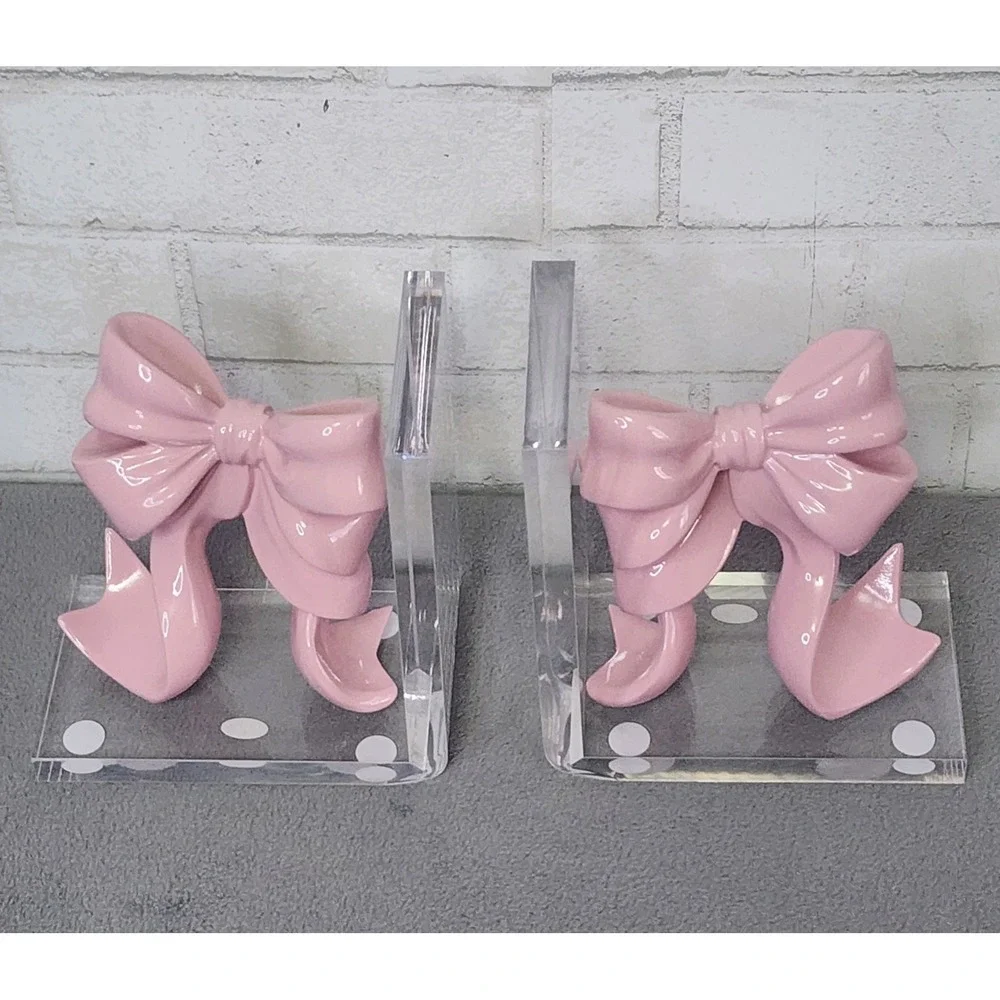 Pink Bow Bookends Coquette Bookend Acrylic Resin Girly Office Nursery 2 Pc Clear